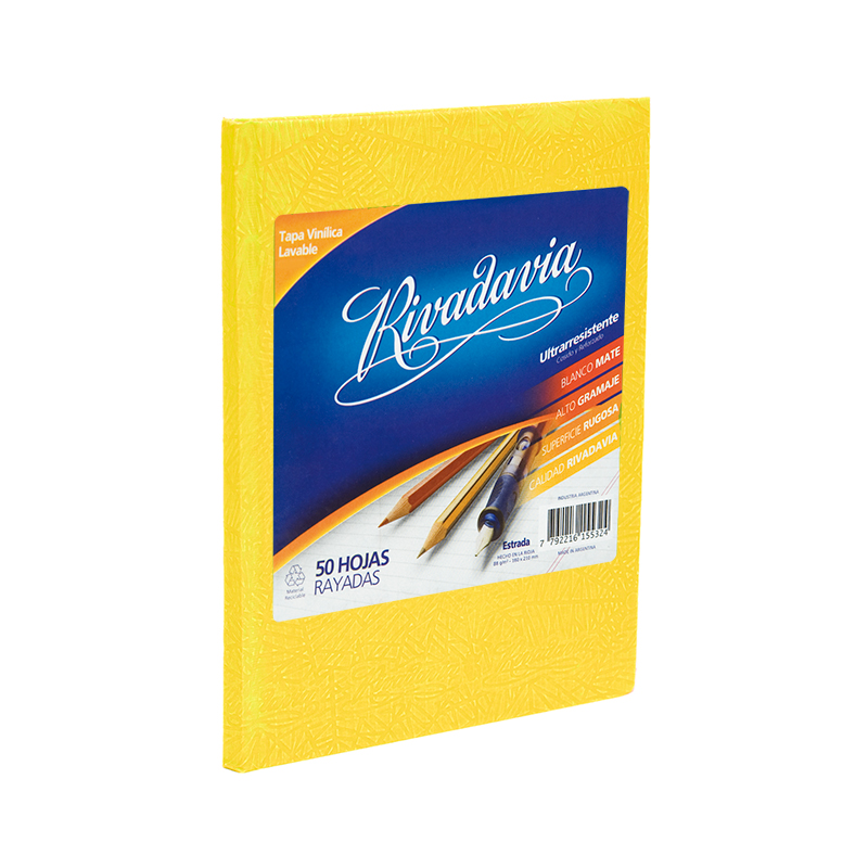 Cuaderno Araña Rivadavia tapa dura amarillo, 16 x 21cm. 50 hojas rayadas