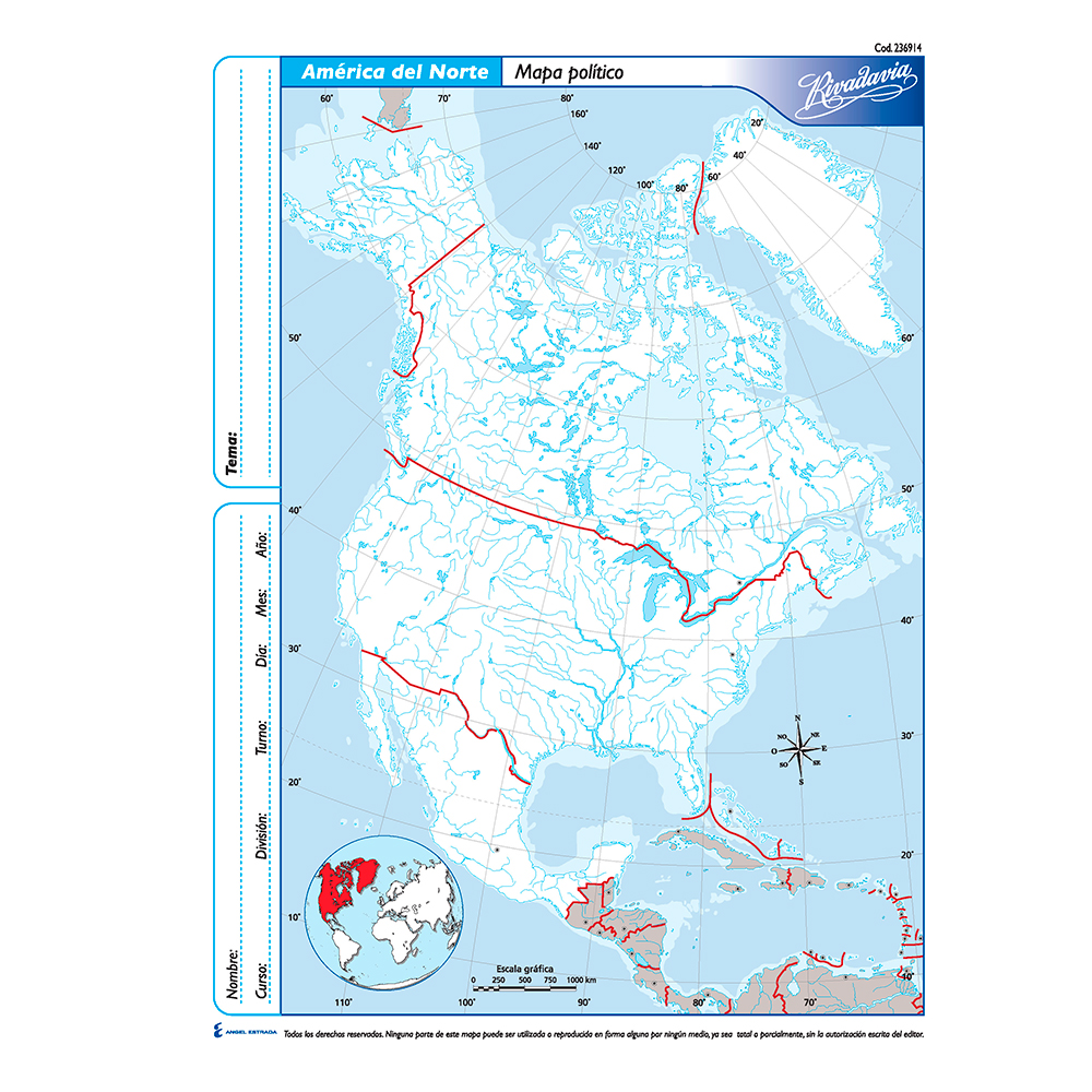 Mapa América del Norte político Rivadavia N°3, block de 40 mapas