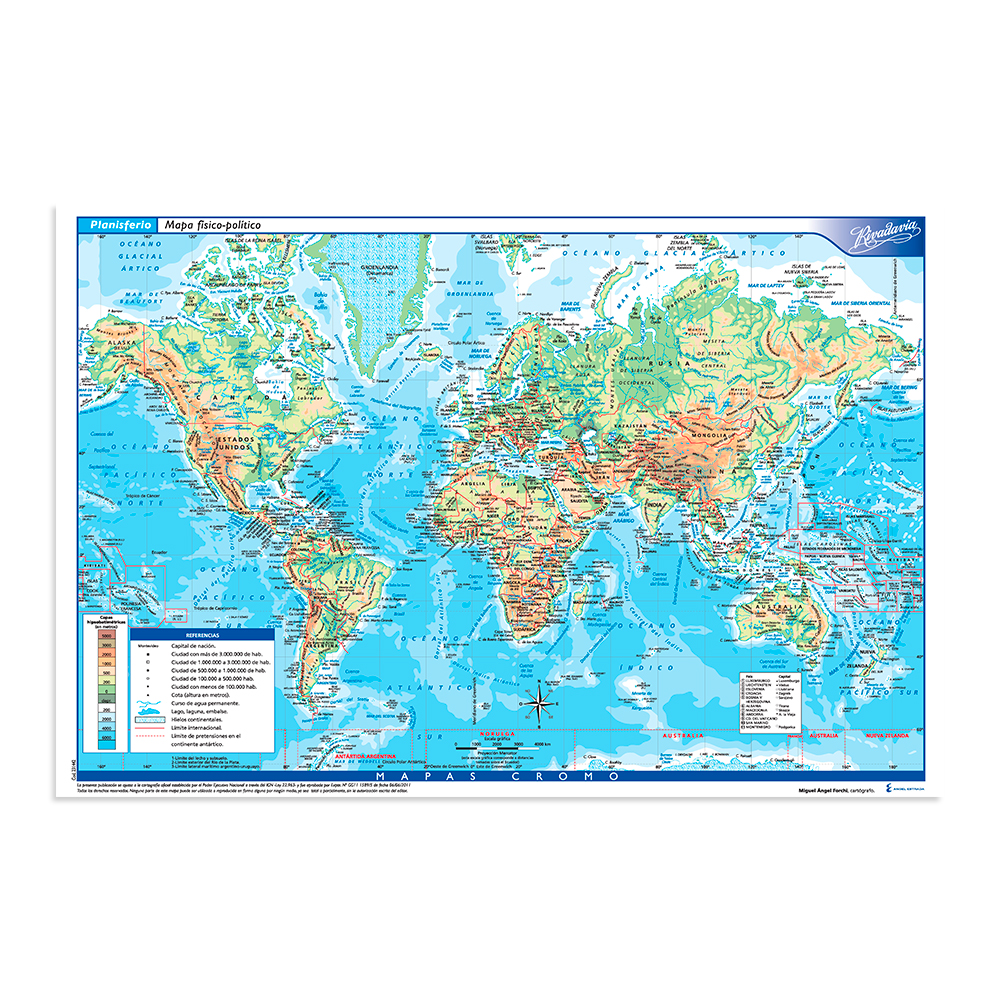 Mapa Planisferio físico político Rivadavia N°6, block de 25 mapas