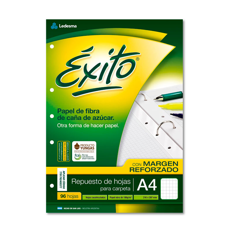 Repuesto Éxito Reforzado A4, 96 hojas cuadriculadas