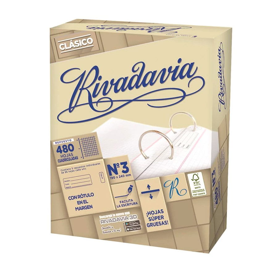 Repuesto Rivadavia Clásico Extra Blanco, 480 h. cuadriculadas