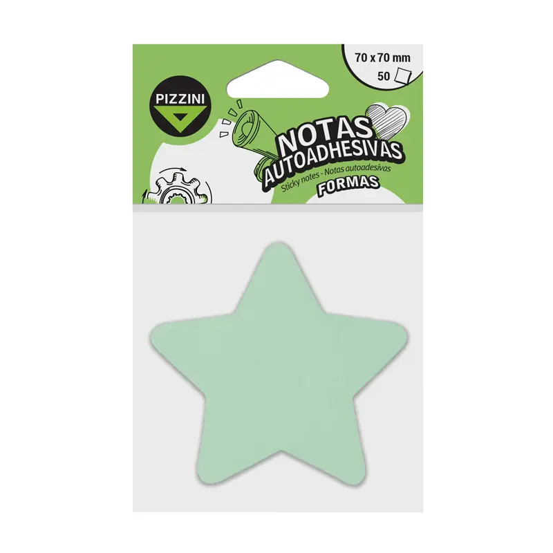 Notas Autoadhesivas Pizzini Estrella Verde Pastel, 70 x 70mm. 50 hojas