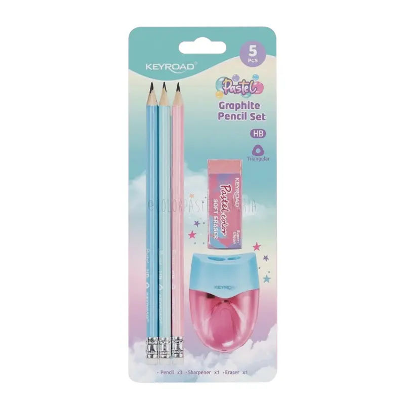 Set Keyroad Pastel 3 lápiz + sacapunta + goma
