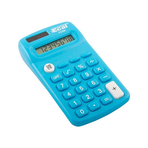 [ECALTC59CELE] Calculadora TC-59 Celeste Bolsillo Med.113x64x20mm. 8Díg.