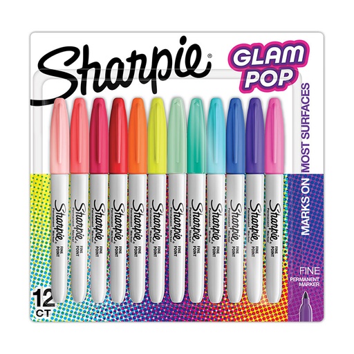 [PAPERMARCGLAM2] Marcadores permanentes Sharpie Glam Pop Fine, 12 colores