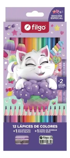 [FILGOCAPYBAX12] Lápices de colores Filgo Gatitos x 12L + 2 grafito + goma y sacapunta